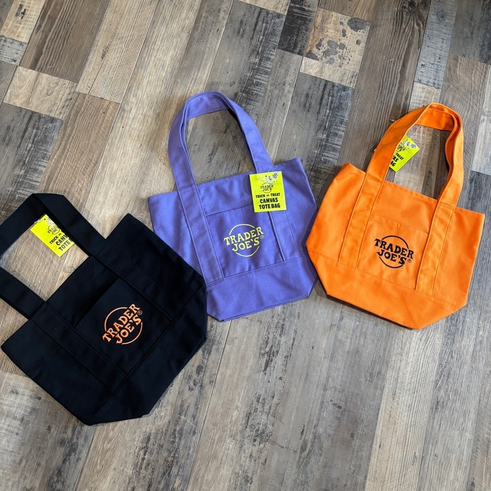 Trader Joe's Trick or Treat Canvas Mini Tote Bag Set of 3 Halloween NWT